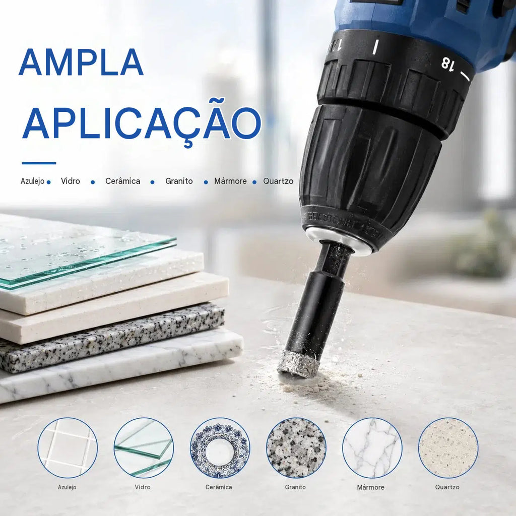 broca diamantada para vidro · kit brocas para azulejo · broca para granito e mármore · broca diamantada haste hexagonal · perfuração a seco azulejo · broca para porcelanato · kit 6 brocas diamantadas · ferramenta pedreiro perfuração · broca sem rachar azulejo · broca diamantada furadeira comum