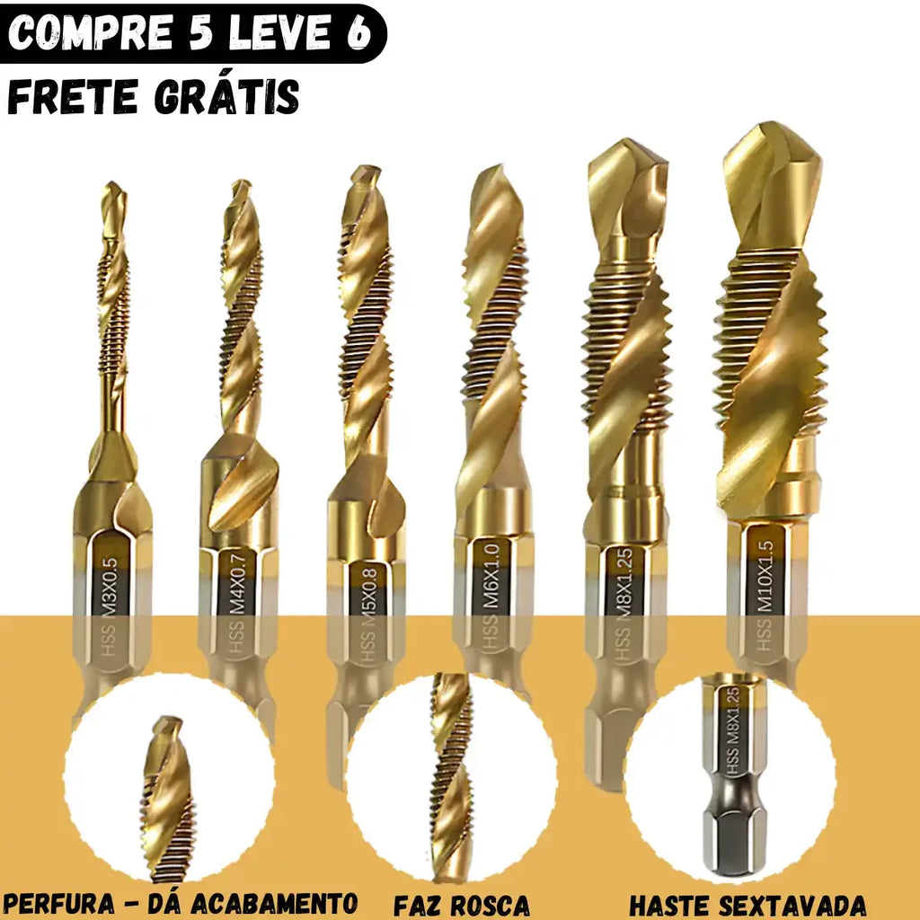 Kit Brocas Rosca 3 em 1 - Perfura, Chanfra e dá Acabamento [Compre 5 leve 6]