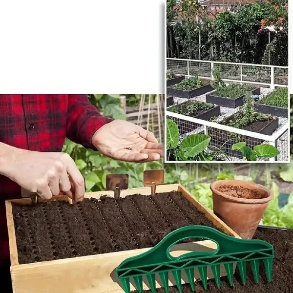 rastelo plantador sementes, plantador 12 dentes horta, ferramenta plantio fileiras, plantador sementes jardim, rastelo ergonômico horta, plantio uniforme canteiro, ferramenta horta urbana, plantador PP resistente, sementes espaçamento uniforme, ferramenta plantio vaso